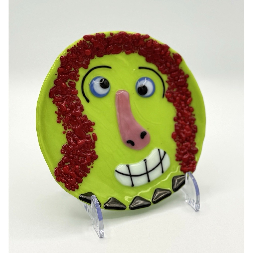 Curtiss Olson Fused Glass Plate Abstract Face Signed 1991 Art Studio Vintage